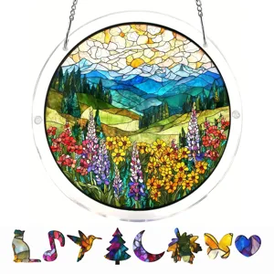 Acrylic stained glass mountain landscape suncatcher window hanging decor detail view
