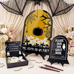 Halloween wedding guest book drop top frame set with tombstone sign and wooden message hearts