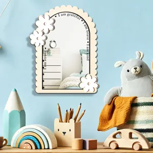 Wooden wall mirror for kids room with flower decor and positive quotes, cute nursery decor.