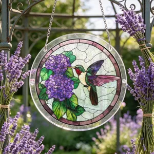 Acrylic suncatcher window hanging with hummingbird and purple flower stained glass design.