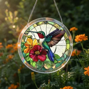 Acrylic hummingbird suncatcher window hanging decor with stained glass style for garden.