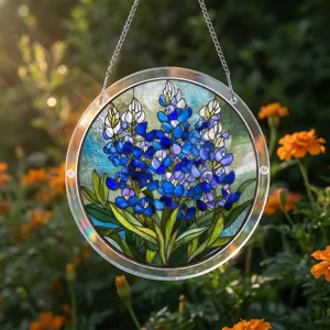 Acrylic stained glass lupine flower hanging suncatcher detail, colorful window decor piece.