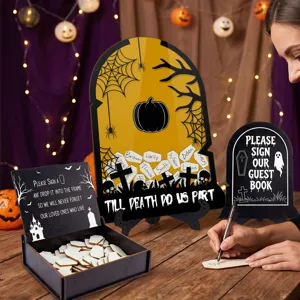 Halloween wedding guest book drop top frame set wooden sign coffin shaped drop box decor