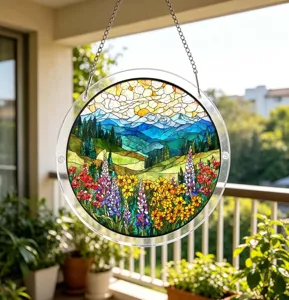 Round acrylic suncatcher window hanging ornament, beautiful floral landscape decor.