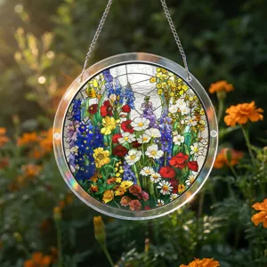 Round acrylic stained glass flower suncatcher hanging window decor for home garden interior