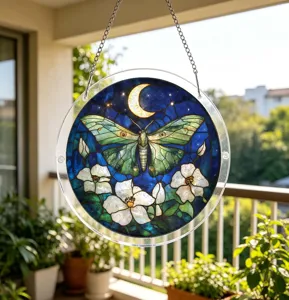 Round acrylic moon moth suncatcher hanging ornament for window and home decor style