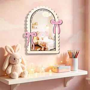 Wooden acrylic decorative mirror with pink bow for bedroom wall, cute arch design home decor.