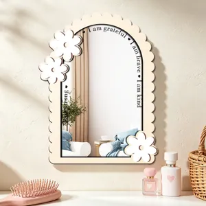 Wooden decorative wall mirror with white flower accents and inspiring text for bedroom home decor.