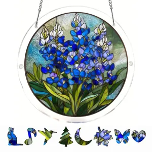Acrylic stained glass suncatcher round window hanging decor with blue floral puzzle pieces.
