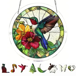 Acrylic suncatcher window hanging puzzle with hummingbird flowers, beautiful home decor piece.