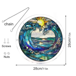 Acrylic suncatcher window hanging decor, stained glass wave puzzle with chain and screws.
