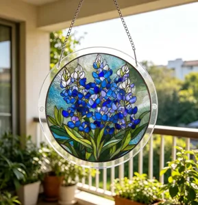 Detailed view of a round acrylic suncatcher hanging on a balcony, with flower pattern.