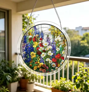 Round acrylic suncatcher hanging window decor with colorful floral stained glass pattern.