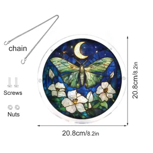 Stained glass acrylic moth suncatcher with chain, screws, and nuts for window hanging.