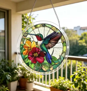 Stained glass style hummingbird acrylic suncatcher window hanging decor detail view