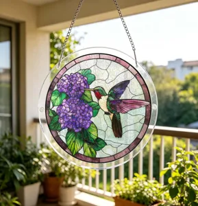 Stained Acrylic Hummingbird Suncatcher Round Window Hanging Ornament for Home Garden Decor