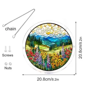 Acrylic suncatcher window hanging detail showcasing round floral landscape pattern, chain and screws.