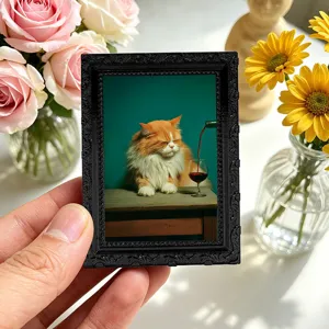 Nahaufnahme des Vintage-schwarzen Fotorahmen-Kühlschrankmagneten mit lustiger Katzenkunst.