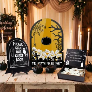 Halloween wedding guest book alternative drop box set with gravestone frame and wooden hearts.