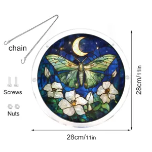Acrylic suncatcher window hanging decor with green moth and floral stained glass style design.