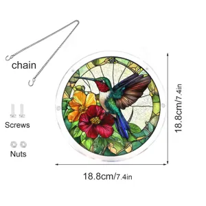 Acrylic hummingbird suncatcher window hanging ornament with chain, screws and size details.