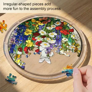 Round acrylic floral puzzle detail showcasing colorful stained glass design for window hanging.
