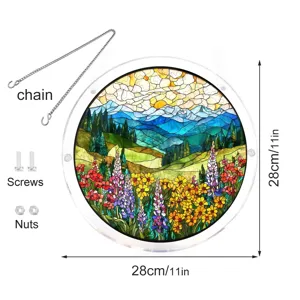 Round acrylic stained glass suncatcher window hanging with beautiful nature landscape decor.