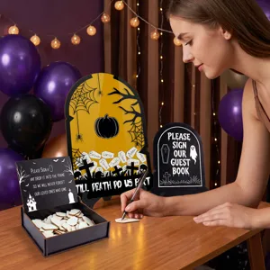 Halloween wedding guest book drop box set with tombstone frame and wooden coffin chips for party