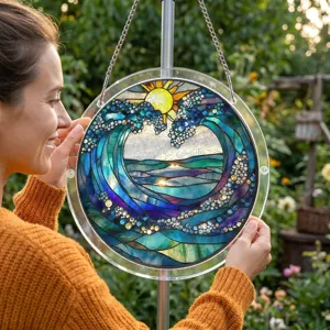 Stained Glass Acrylic Wave Sun Catcher Window Hanging Home Garden Outdoor Decor Gift