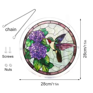 Stained acrylic hummingbird suncatcher detail showcasing chain, screws and 28cm size.