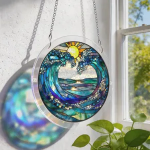Round acrylic suncatcher window hanging pendant with beautiful ocean wave and sun art design.