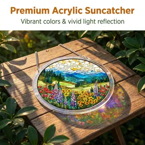 Acrylic suncatcher window hanging with vibrant landscape design, decorative home accent.