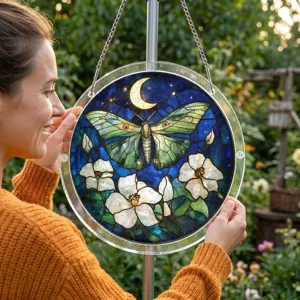Round acrylic stained glass suncatcher hanging detail featuring green moth and flower pattern.