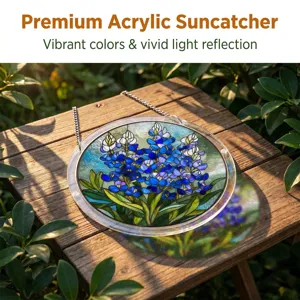 Detailed view of a blue lupine acrylic suncatcher hanging on wood, perfect window decor.