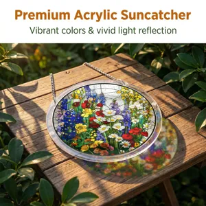 Detailed view of the acrylic suncatcher showing vivid floral stained glass design and light.