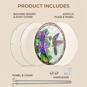 Acrylic puzzle window suncatcher hanging with hummingbird design, backing board, and chain.