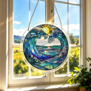 Stained glass ocean wave acrylic suncatcher puzzle window hanging decor ornament art