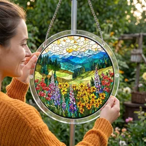 Close-up detail of round acrylic suncatcher with vibrant floral landscape and metal hanging chain.