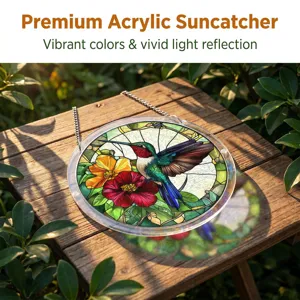 Detailed view of the acrylic suncatcher featuring a vibrant hummingbird and floral design.
