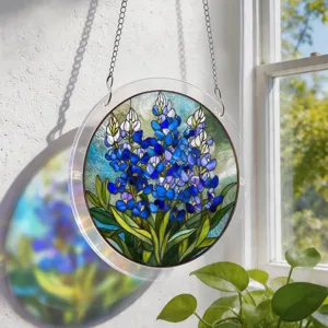 Stained acrylic window suncatcher hanging decoration with beautiful blue lupine floral design.