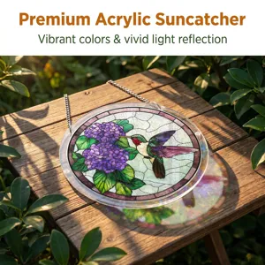Acrylic suncatcher window hanging detail, vibrant floral and hummingbird stained glass style design.