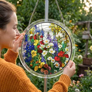 Acrylic stained glass floral suncatcher detail view, beautiful window hanging garden decor.