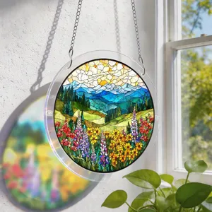 Stained glass style acrylic suncatcher window hanging with vibrant floral landscape design.