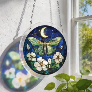 Detailed view of stained glass style acrylic moth suncatcher hanging in front of bright window.
