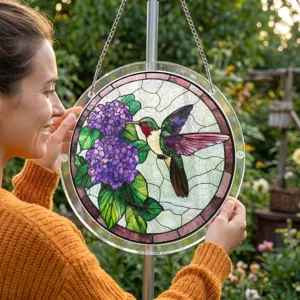 Acrylic hummingbird suncatcher hanging window decoration featuring floral stained glass design