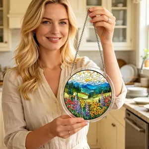 Acrylic round stained glass landscape suncatcher hanging decoration for window and home interior.