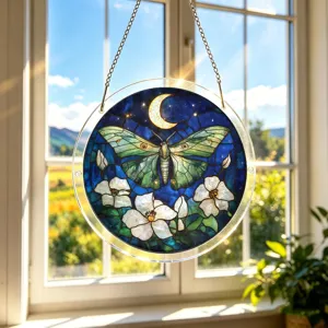 Detail view of the round acrylic suncatcher hanging by window, featuring moth and flower design.