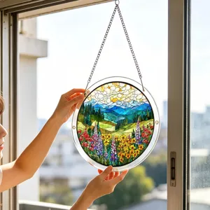 Acrylic stained glass window suncatcher hanging detail with colorful mountain floral art.