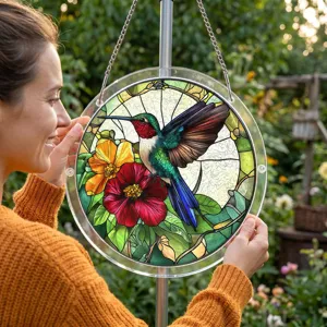 Stained glass hummingbird acrylic suncatcher window hanging for garden decor and home display detail