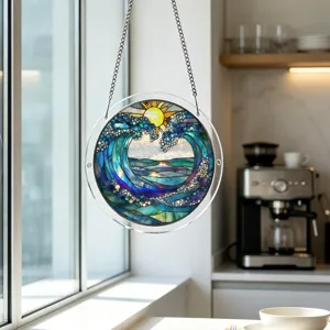 Acrylic stained glass style suncatcher window hanging decor with ocean wave and sun art.